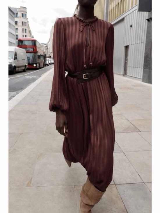 Zara Dresses & Skirts - Zara Rust-Brown Striped Maxi Dress with Tie Neck